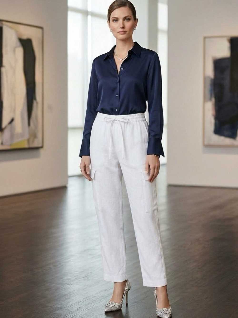 Vince Cropped Drawstring Cargo Pants Cream Viscose Elastane Blend Size Medium